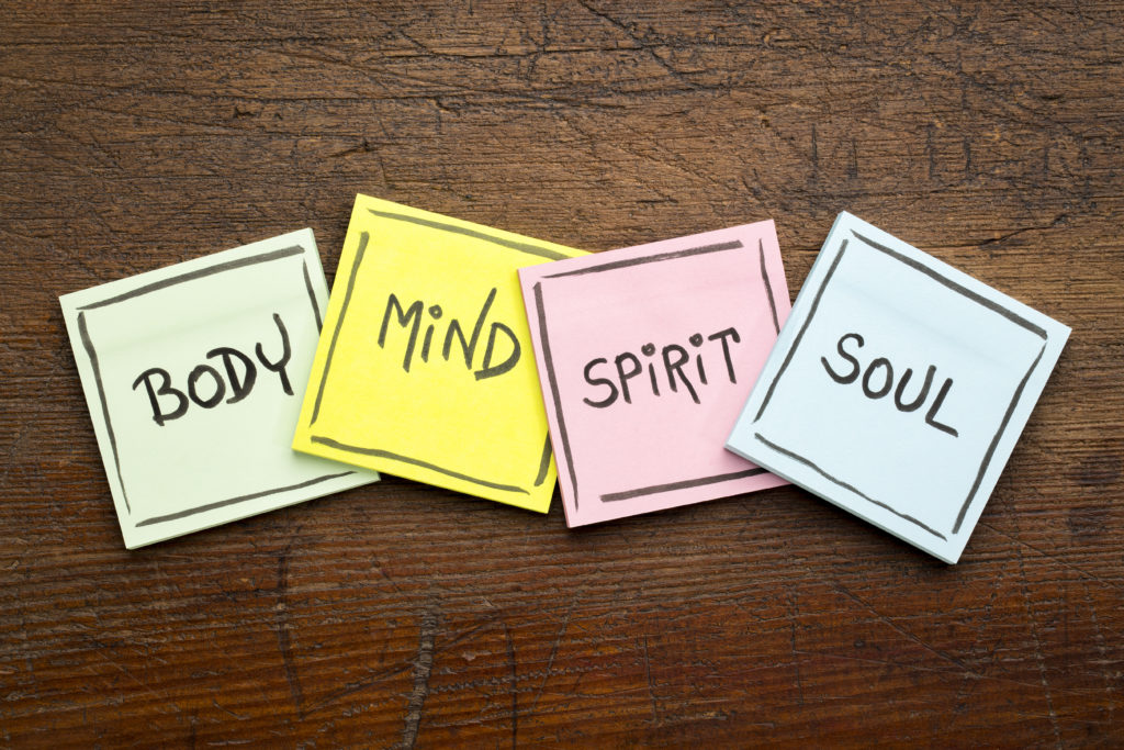 vier Notizzettel mit den Woertern Body, Mind, Spirit und Soul