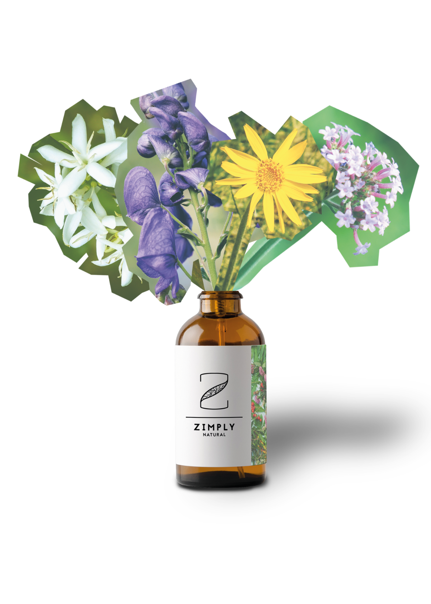 ZIMPLY NATURAL bottle with medicinal plants flower bouquet