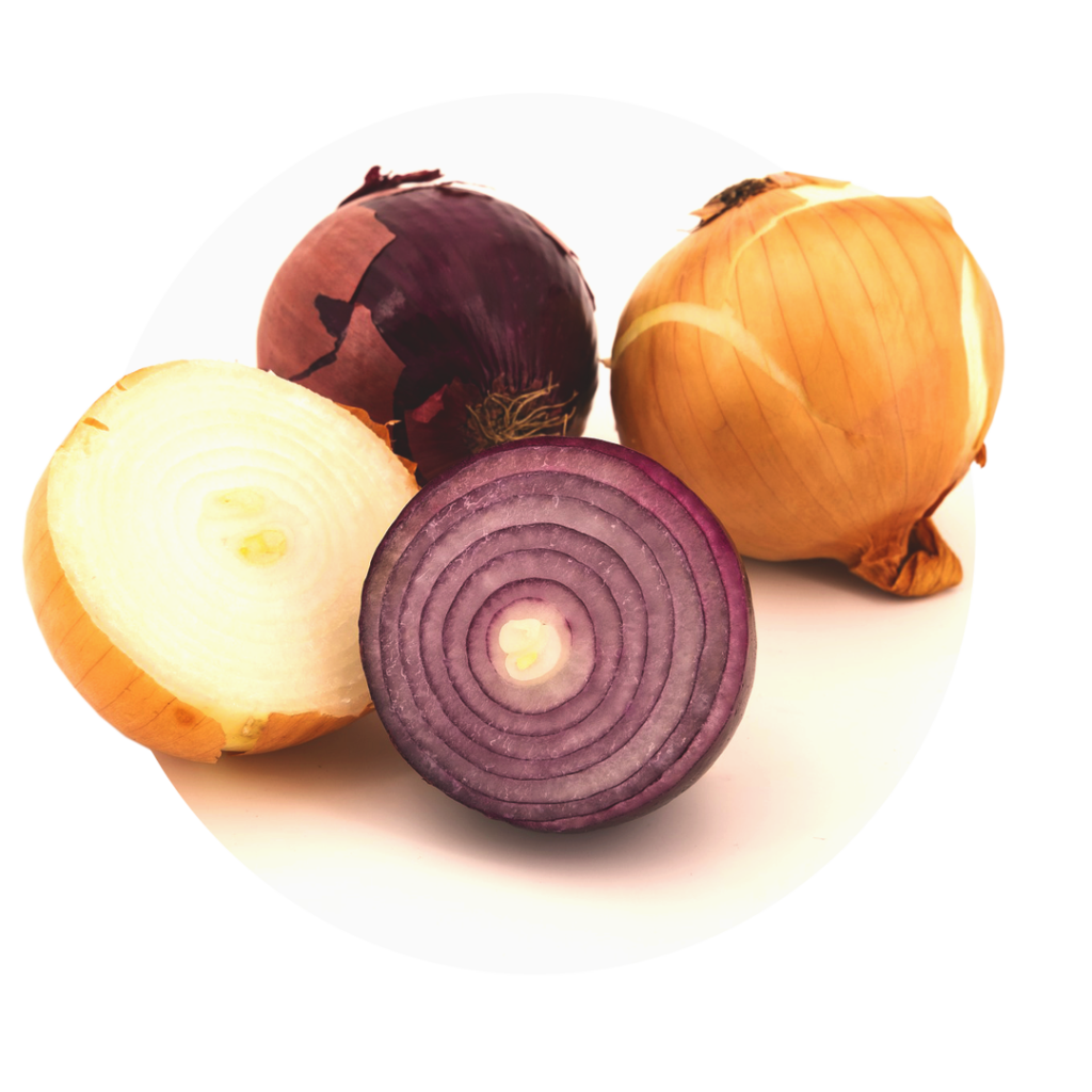 Red and white onions, sliced and whole onions