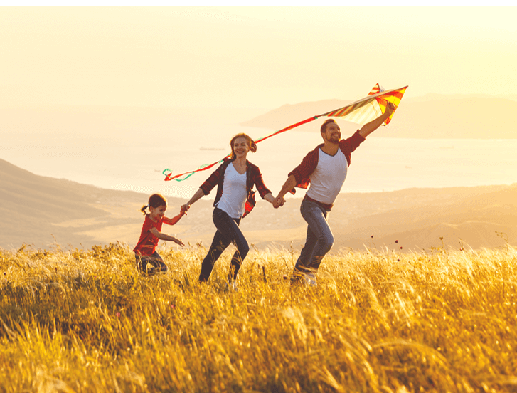Parents with child walking on a cornfield while flying a kite.