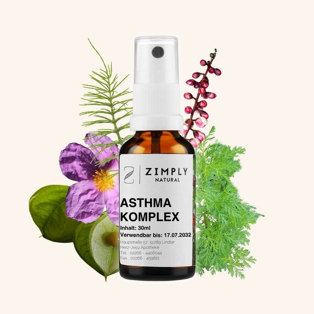 Asthma complex as brown flakes with spraying head by Zimply Natural with medicinal plants in the background such as American spikenard, annual mugwort, balloon plant, rockrose, horsetail, with beige background