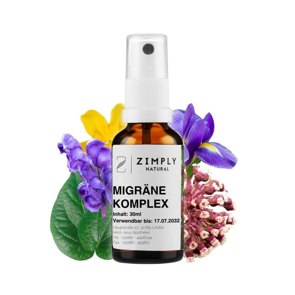 Migraine complex as a brown flake with spraying head from Zimply Natural with medicinal plants in the background such as aconite, wild jasmine, iris, butterbur, kava-kava