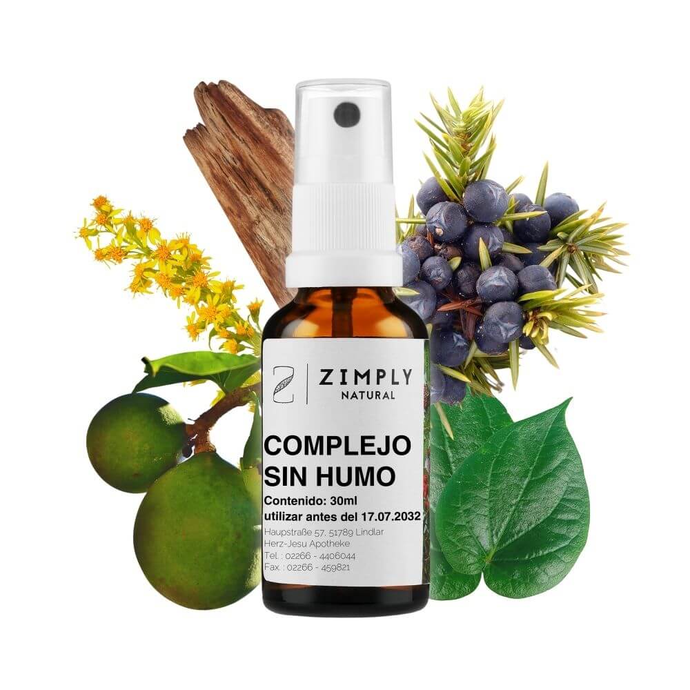 Complejo sin humo como botella marrón con cabezal pulverizador de Zimply Natural con plantas medicinales en el fondo, como enebro, nux vómica, okoubaka, kawa-kawa y vara de oro