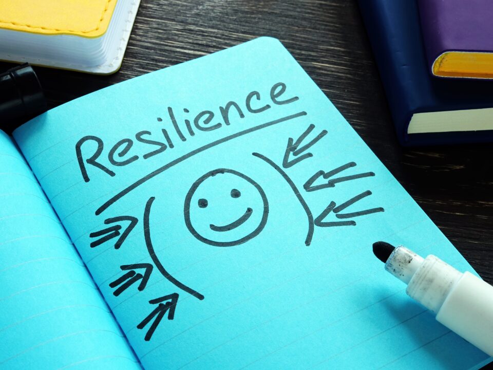 You can see a page of paper with a smiley face drawn on it. It is set in brackets and arrows are pointing at it from the outside. It is a symbol of resilience