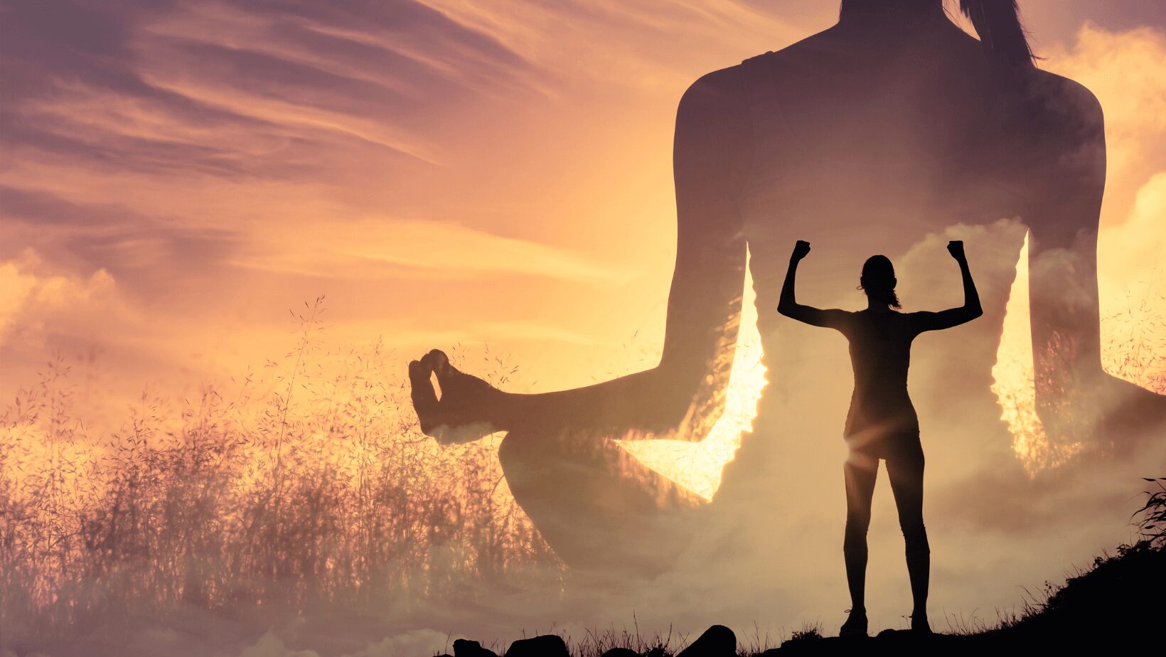 strong woman at a sunset on a field holding both arms up and behind her a huge shadow of herself in a yoga position