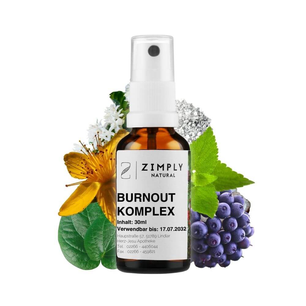 Burnout complex as brown flakes with spray head from Zimply Natural with medicinal plants in the background such as coffee bush, taiga root, St. John's wort, potassium phosphate, lemon balm, kava kava, silicic acid