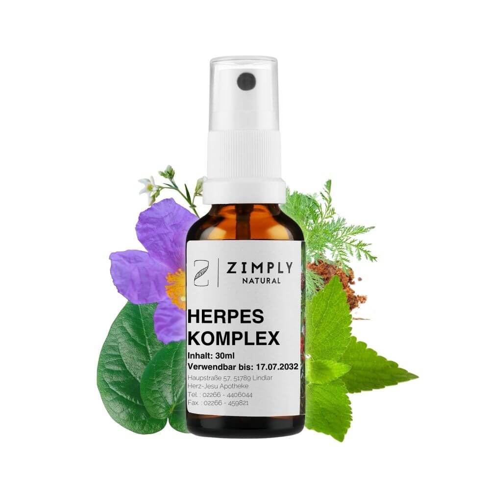 Herpes complex as brown flakes with spray head from Zimply Natural with medicinal plants in the background such as annual mugwort, gray-haired rockrose, lemon balm, kava-kava, propolis. Swallowwort