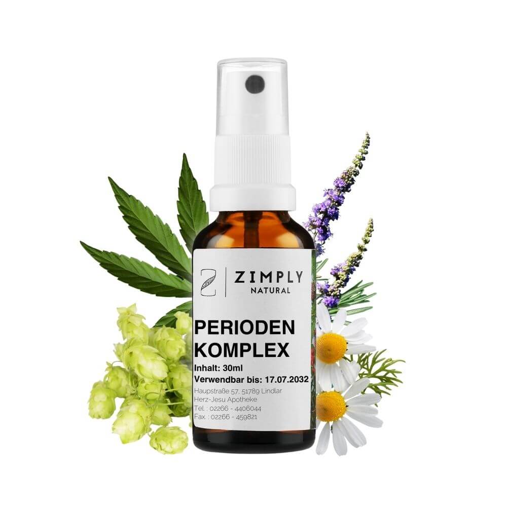Periodic complex as brown flakes with spray head from Zimply Natural with medicinal plants in the background such as monk's pepper, hemp seeds, chamomile, hops, rosemary