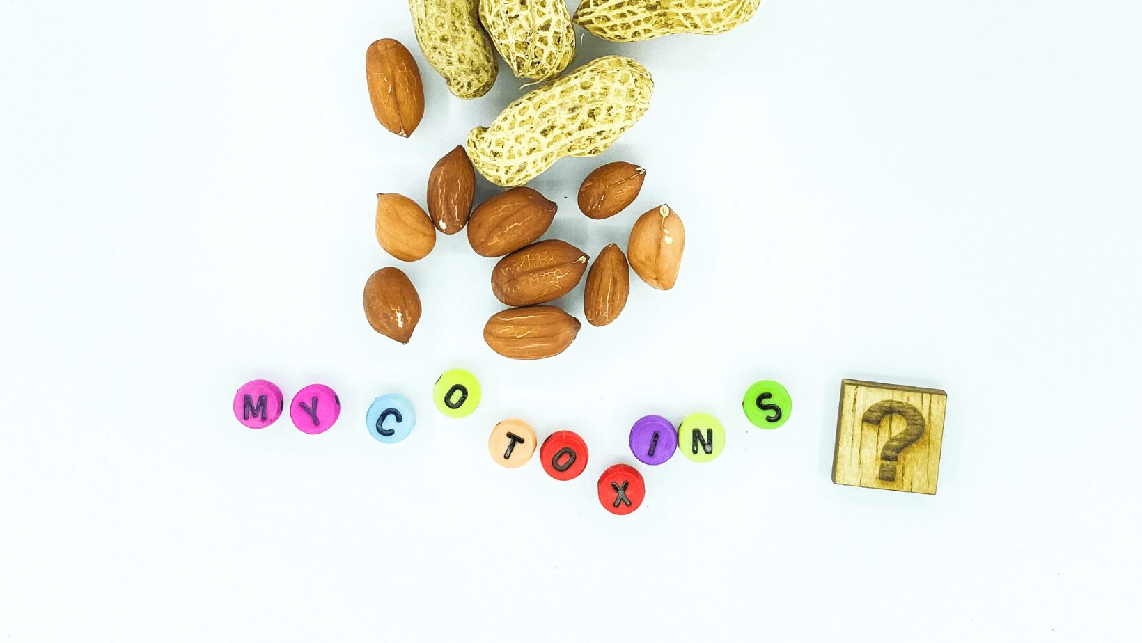 nuts on a background underneath beads forming the word mycotoxins with a question mark