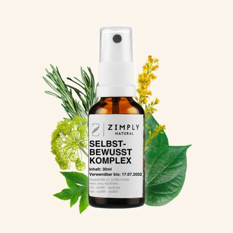 Un complesso sicuro di sé come un fiocco marrone con testa a spruzzo di Zimply Natural con le piante medicinali kava kava, angelica, rosmarino, verga d'oro su uno sfondo beige.