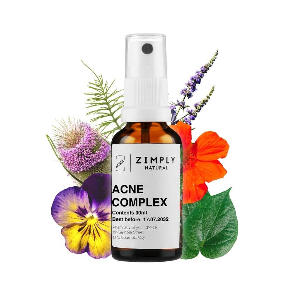Acne complex as brown bottle with spray head from Zimply Natural with medicinal plants like nasturtium, kava-kava, chaste tree, horsetail, pansy, wild teasel