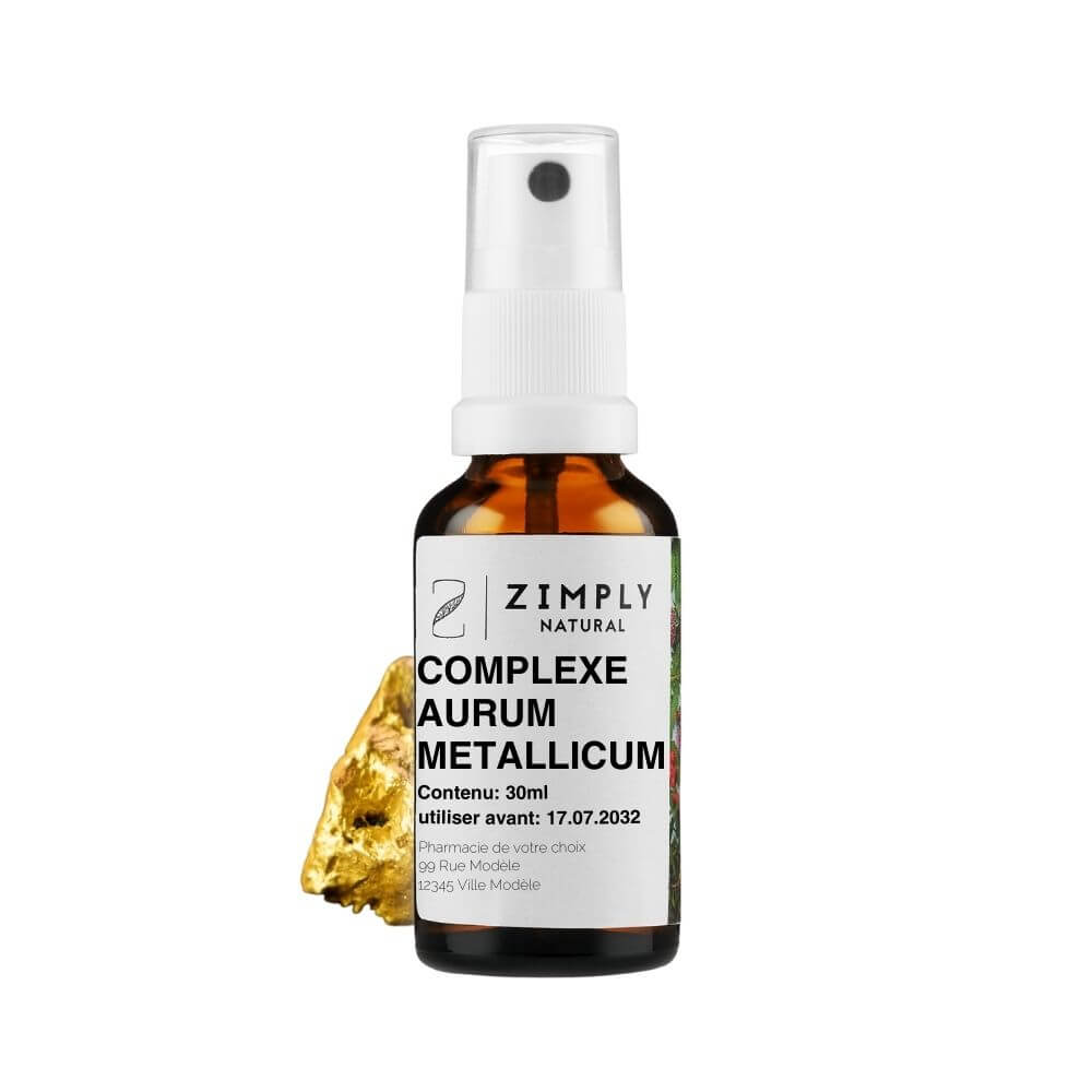 complexe aurum metallicum als braunes Flaeschchen mit Spruehkopf von Zimply Natural mit Heilpflanzen wie aurum metallicum