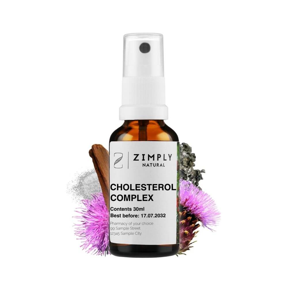 Cholesterol complex as brown bottle with spray head from Zimply Natural with medicinal plants like milk thistle, artichoke, cinchona bark, Glauber's salt, tin