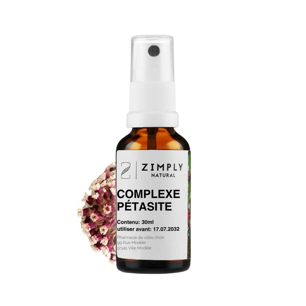complexe petasite als braunes Flaeschchen mit Spruehkopf von Zimply Natural mit Heilpflanzen wie pestwurz