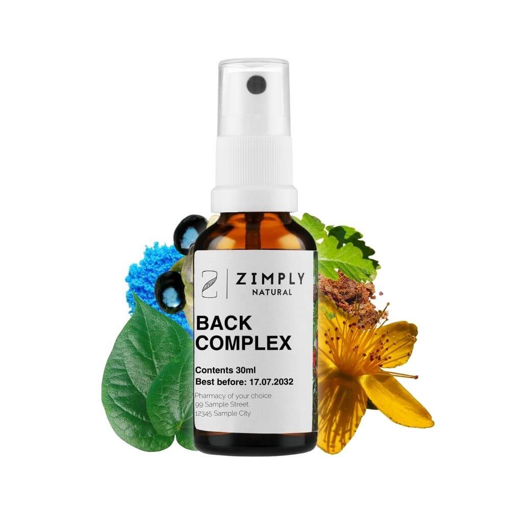 Back complex as brown bottle with spray head from Zimply Natural with medicinal plants like St John's wort, kava-kava, belladonna, poison sumac, cuprum sulfuricum