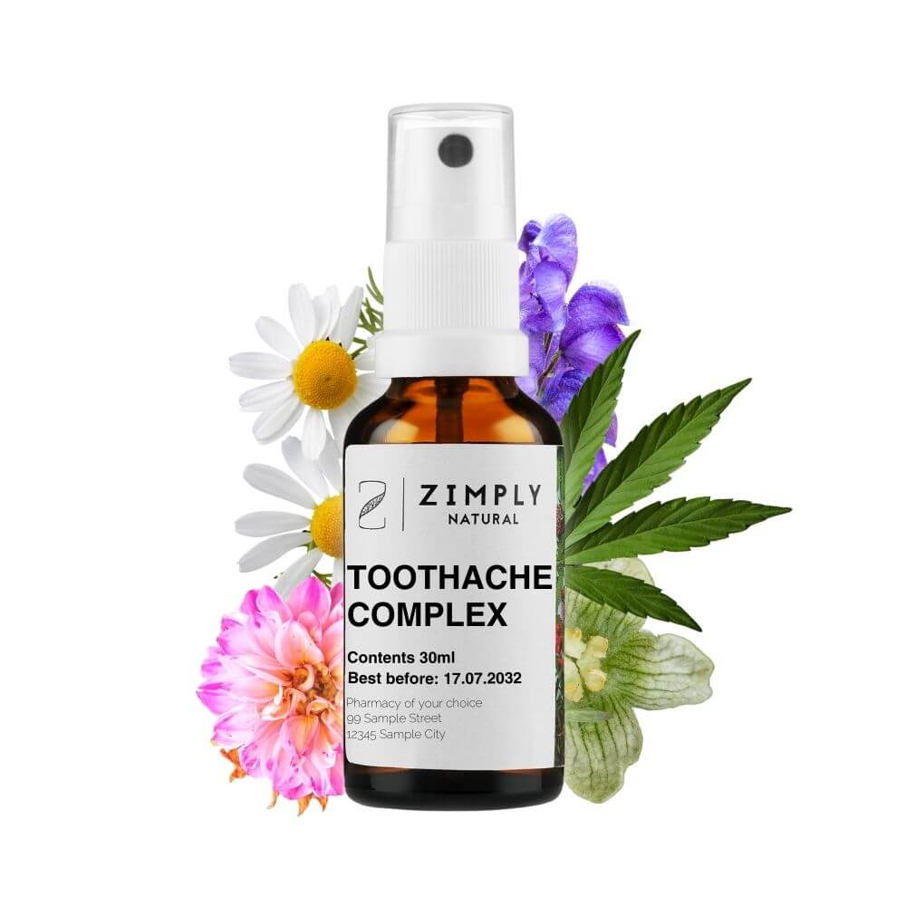 toothache complex in a brown bottle with spray nozzle from zimply natural with medicinal plants such as hemp seeds chamomile bryony and aconite
