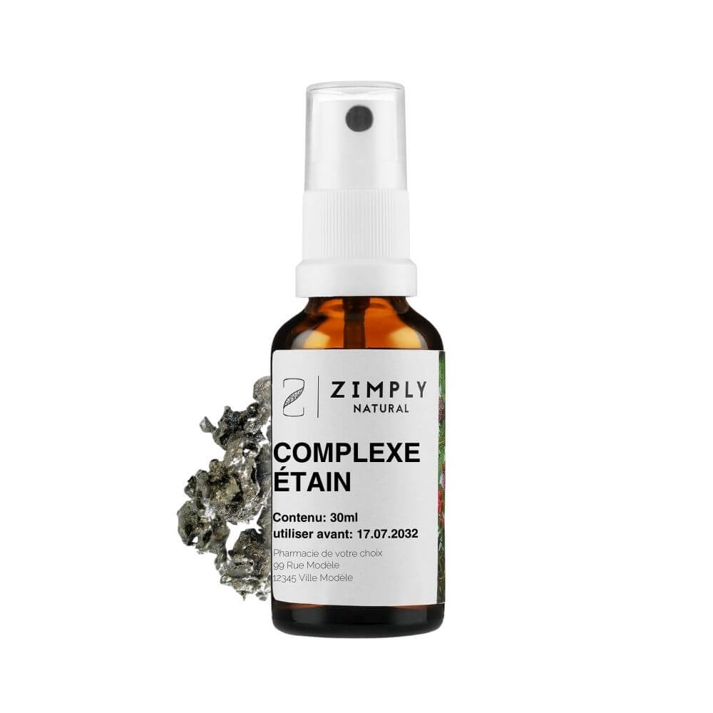 complexe etain als braunes Flaeschchen mit Spruehkopf von Zimply Natural mit Heilpflanzen wie zinn